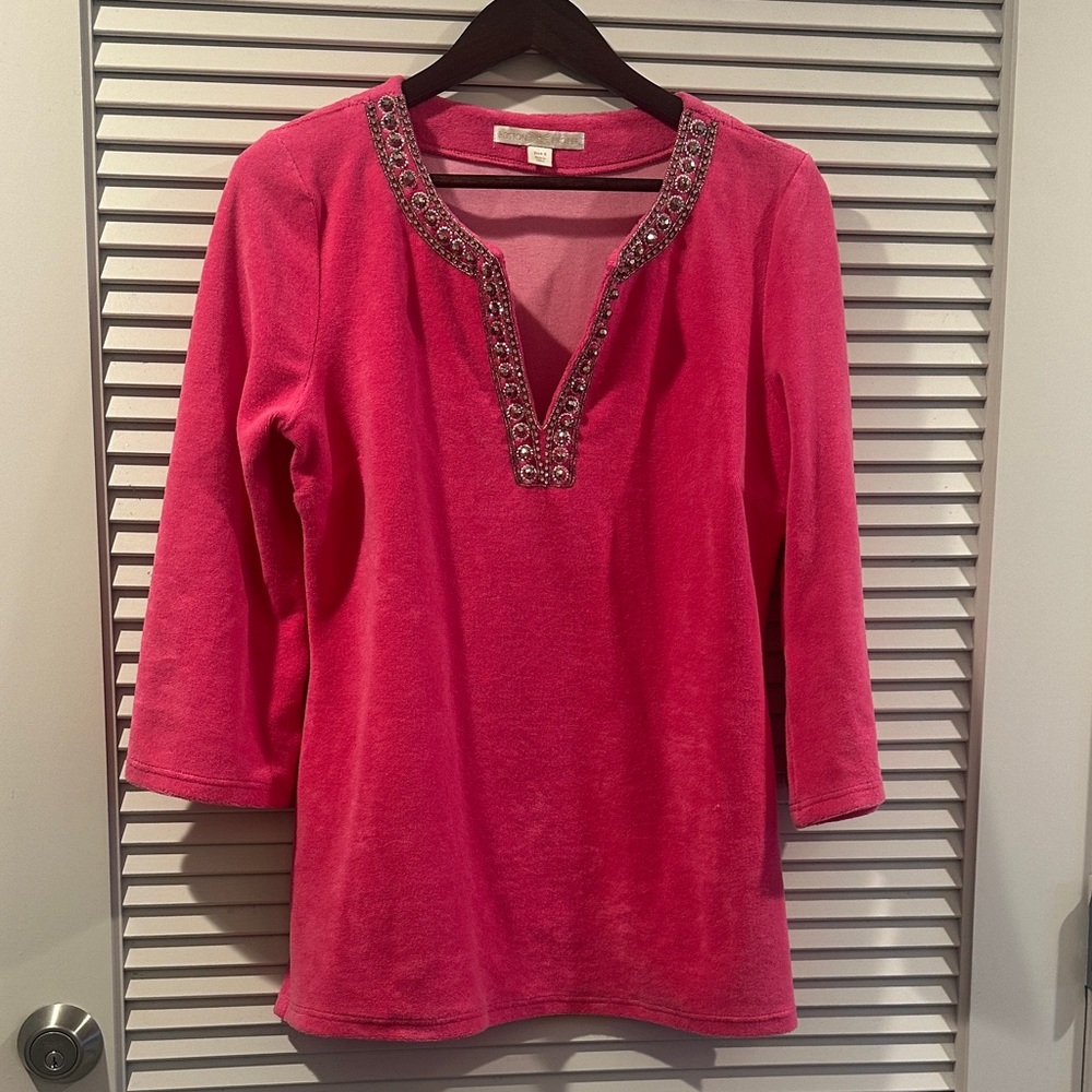 Boston Proper Vibrant Pink Tunic with Embellished Neckline